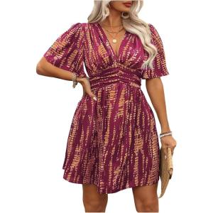 image:imageFloerns Womens Plus Size Printed V Neck Short Sleeve Ruffle Hem Summer Short DressesRed Violet