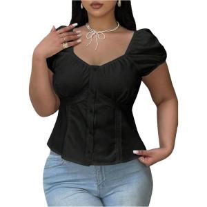 image:imageFloerns Womens Plus Size Puff Short Sleeve Button Down Shirts Lace Flare Hem Blouse TopBlack