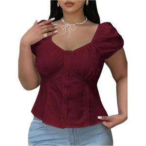 image:imageFloerns Womens Plus Size Puff Short Sleeve Button Down Shirts Lace Flare Hem Blouse TopBurgundy
