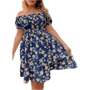 image:imageFloerns Womens Plus Size Ruffle Off Shoulder Floral Print Short Summer DressNavy Blue