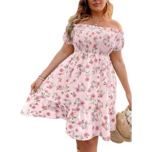 image:imageFloerns Womens Plus Size Ruffle Off Shoulder Floral Print Short Summer DressPink