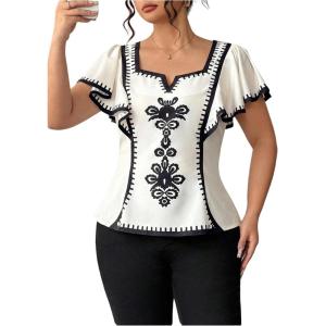 image:imageFloerns Womens Plus Size Ruffle Short Sleeve Shirts Square Neck Dressy Casual Blouses TopsBlack and White