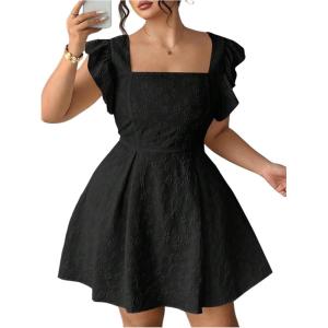 image:imageFloerns Womens Plus Size Ruffle Sleeve Smocked A Line Dress Jacquard Going Out DressesBlack