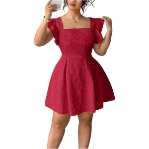 image:imageFloerns Womens Plus Size Ruffle Sleeve Smocked A Line Dress Jacquard Going Out DressesBurgundy