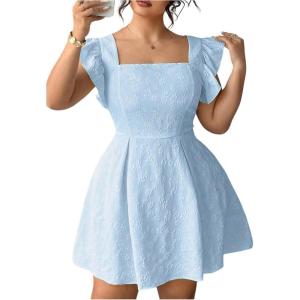 image:imageFloerns Womens Plus Size Ruffle Sleeve Smocked A Line Dress Jacquard Going Out DressesLight Blue