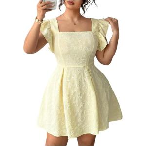 image:imageFloerns Womens Plus Size Ruffle Sleeve Smocked A Line Dress Jacquard Going Out DressesYellow