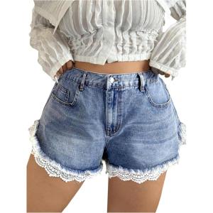 image:imageFloerns Womens Plus Size Scalloped Lace Denim Shorts Frayed Raw Hem Casual Jean ShortsBlue