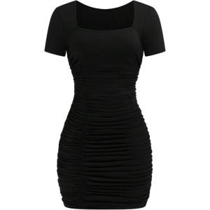image:imageFloerns Womens Plus Size Short Sleeve Bodycon Dress Square Neck Ruched Short DressesBlack