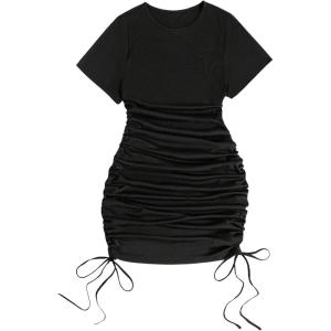 image:imageFloerns Womens Plus Size Short Sleeve Drawstring Ruched Crew Neck Bodycon Short DressesBlack