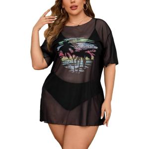 image:imageFloerns Womens Plus Size Short Sleeve T Shirts Galaxy Print Sexy Sheer Mesh Rave Festive Concert Going Out Cover Up TopsBlack Mesh Tropical