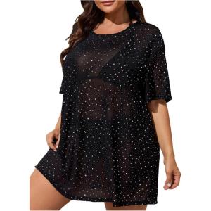 image:imageFloerns Womens Plus Size Short Sleeve T Shirts Galaxy Print Sexy Sheer Mesh Rave Festive Concert Going Out Cover Up TopsBlack Rhinestone