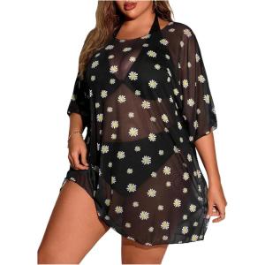 image:imageFloerns Womens Plus Size Short Sleeve T Shirts Galaxy Print Sexy Sheer Mesh Rave Festive Concert Going Out Cover Up TopsBlack Sunflower