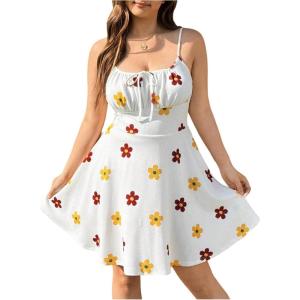 image:imageFloerns Womens Plus Size Sleeveless Ruched Bust Eyelet Embroidery Flared Cami DressesWhite Floral