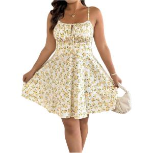image:imageFloerns Womens Plus Size Sleeveless Ruched Bust Eyelet Embroidery Flared Cami DressesYellow Multi