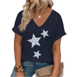 image:imageFloerns Womens Plus Size Star Print V Neck Short Dolman Sleeve Summer Tee ShirtsDark Blue