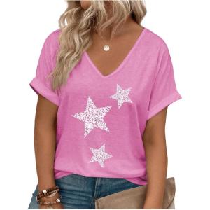 image:imageFloerns Womens Plus Size Star Print V Neck Short Dolman Sleeve Summer Tee ShirtsPink