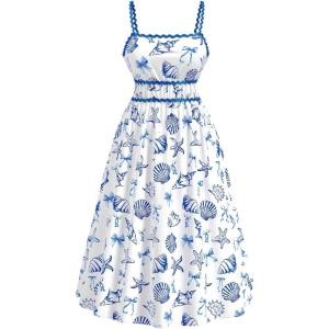 image:imageFloerns Womens Plus Size Starfish Print Midi Dress Ruffle Smocked Beach A Line DressesBlue and White
