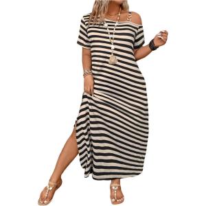 image:imageFloerns Womens Plus Size Striped Asymmetrical Neck Dress Short Sleeve Slit Maxi DressesKhaki and Black