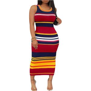 image:imageFloerns Womens Plus Size Striped Color Block Midi Dress Summer Sleeveless Scoop Neck Vacation DressesRed
