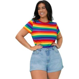 image:imageFloerns Womens Plus Size Striped Print Short Sleeve Round Neck Tee ShirtMulti Rainbow