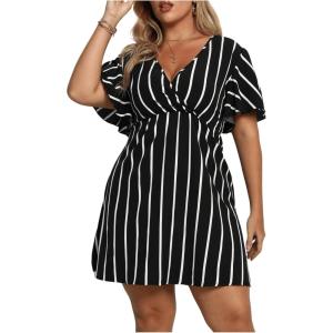 image:imageFloerns Womens Plus Size Striped Print Wrap V Neck Short Sleeve A Line DressBlack