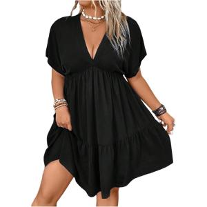 image:imageFloerns Womens Plus Size Striped Print Wrap V Neck Short Sleeve A Line DressBlack Ruffle Solid