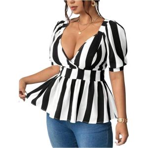 image:imageFloerns Womens Plus Size Striped Puff Sleeve Blouses V Neck Business Casual Peplum TopsBlack and White