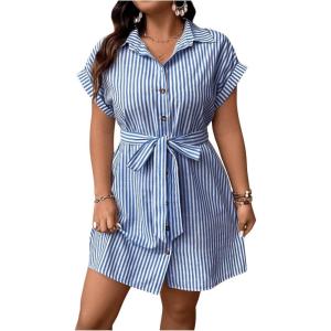 image:imageFloerns Womens Plus Size Striped Shirt Dress Short Sleeve Collared Button Down Dresses with BeltBlue and White