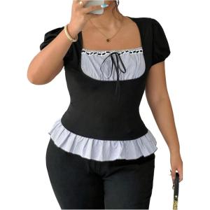image:imageFloerns Womens Plus Size Striped Short Sleeve T Shirts Tie Front Coquette Going Out TopsBlack
