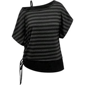 image:imageFloerns Womens Plus Size Striped T Shirt Asymmetrical Short Sleeve Drawstring Grunge TopsBlack and Grey Striped