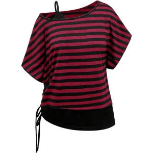 image:imageFloerns Womens Plus Size Striped T Shirt Asymmetrical Short Sleeve Drawstring Grunge TopsRed and Black