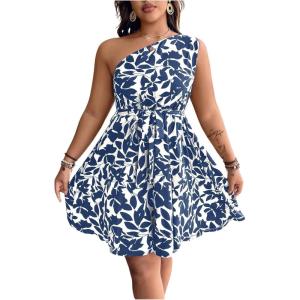image:imageFloerns Womens Plus Size Summer Dress One Shoulder Floral Belt Vacation A Line DressesBlue