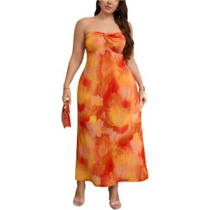 image:imageFloerns Womens Plus Size Summer Long Dress Twist Front Vacation Strapless DressesOrange