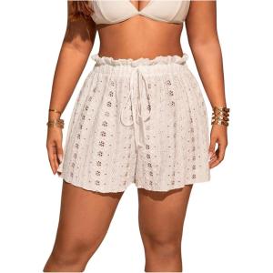 image:imageFloerns Womens Plus Size Swimsuit Cover Up Shorts Hollow Out Drawstring Beach Bathing SuitWhite Eyelet