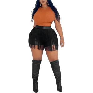 image:imageFloerns Womens Plus Size Tassel Trim PU Leather High Waist Straight Leg Mini ShortsBlack