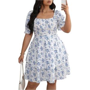 image:imageFloerns Womens Plus Size Tea Party Floral Layered Ruffle Dress Square Neck A Line Short DressesBlue and White