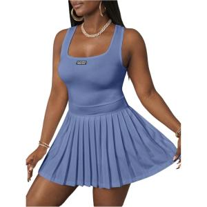 image:imageFloerns Womens Plus Size Tennis Dress with Built in Shorts Pleated Flared Mini Tank DressesBlue