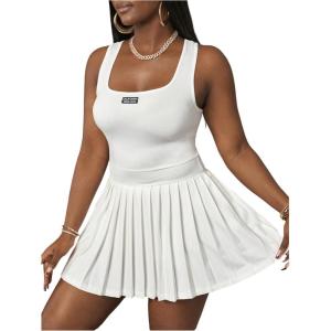 image:imageFloerns Womens Plus Size Tennis Dress with Built in Shorts Pleated Flared Mini Tank DressesWhite