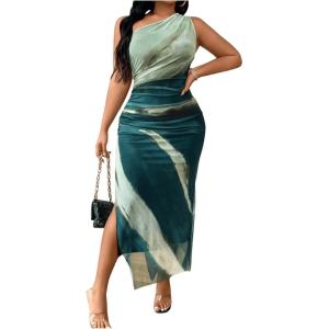 image:imageFloerns Womens Plus Size Tie Dye Sleeveless Ruched One Shoulder Slit Evening Maxi Mesh DressesGreen