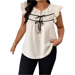 image:imageFloerns Womens Plus Size Tie Front Blouses Top Ruched Ruffle Cap Sleeve Crew Neck ShirtsApricot