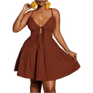 image:imageFloerns Womens Plus Size Tie Knot Front Criss Cross Ruffle Hem Cami ALine Mini DressCoffee Brown