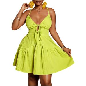 image:imageFloerns Womens Plus Size Tie Knot Front Criss Cross Ruffle Hem Cami ALine Mini DressYellow
