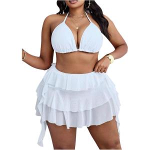 image:imageFloerns Womens Plus Size Triangle Halter Bikini Sets Tiered Ruffle Hem Skirts 2 Piece Bathing SuitWhite