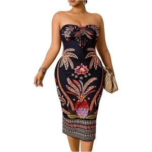 image:imageFloerns Womens Plus Size Tropical Strapless Tube Top Dress Bodycon Beach Vacation Midi DressesBlack