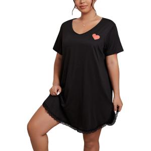 image:imageFloerns Womens Plus Size V Neck Short Sleeve Lace Trim Nightdress SleepwearBlack