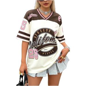 image:imageFloerns Womens Plus Size Y2k Number Jersey Shirts V Neck Streetwear Tee TopsBrown Multi