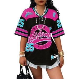 image:imageFloerns Womens Plus Size Y2k Number Jersey Shirts V Neck Streetwear Tee TopsHot Pink Multi