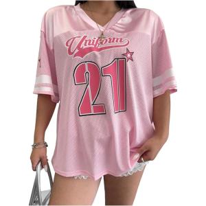 image:imageFloerns Womens Plus Size Y2k Number Jersey Shirts V Neck Streetwear Tee TopsPink