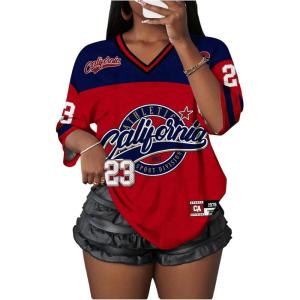 image:imageFloerns Womens Plus Size Y2k Number Jersey Shirts V Neck Streetwear Tee TopsRed Multi