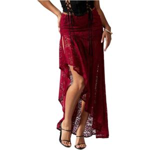 image:imageFloerns Womens Sheer Mesh Flowy Going Out Lace Skirts Asymmetrical Split Party Maxi SkirtRed
